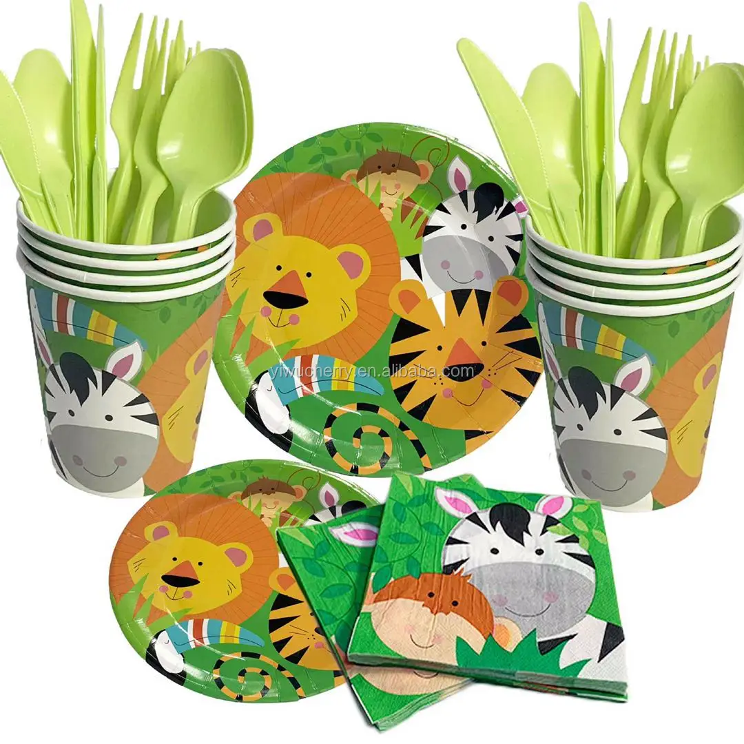 16 plates 16 x napkins & 1 Tablecloth Jungle Animal 16 Place Settings party pack 16 cups 