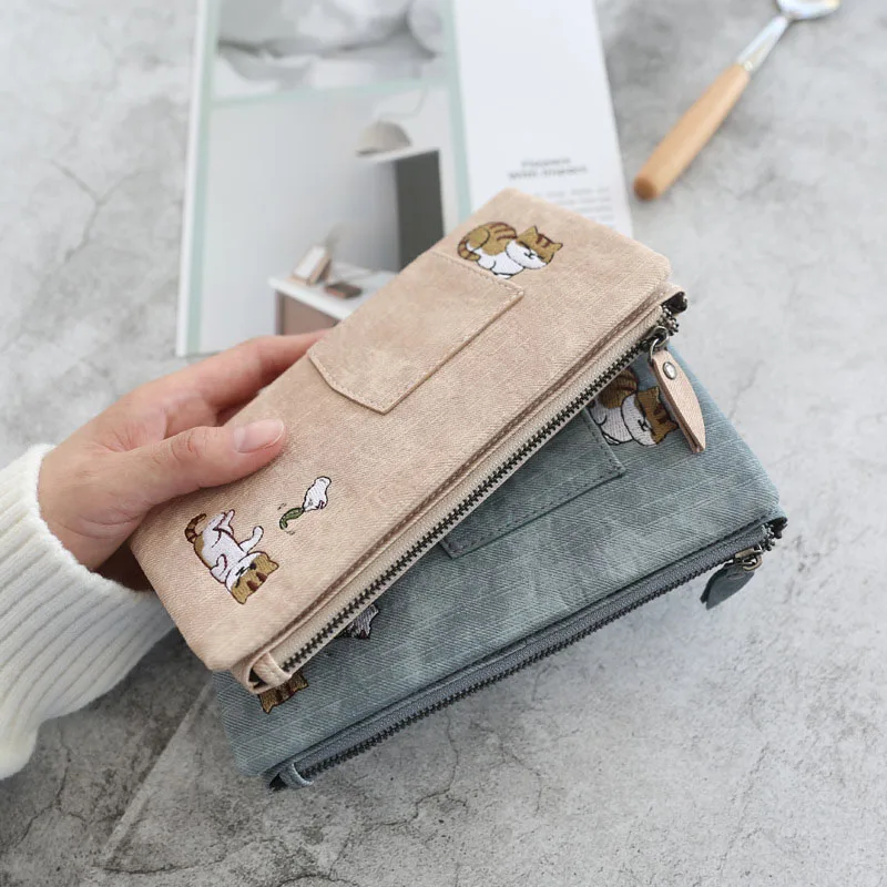 

2021 New Student Long Pu Women's Embroidered Cat Pattern Mouth Band Decoration Double Buckle Wallet Purse