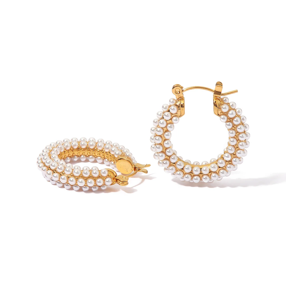 

White Pearl Inlaid Elegant Earrings Stainless Steel PVD Gold Plated Dainty Earrings For Women