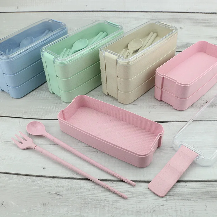 Tiffin Bento Boxes Set Wheat Straw Biodegradable School 3 Layer Lunch