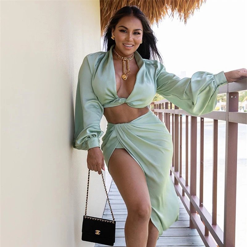 

Satin Two Piece Set Women Autumn Long Lantern Sleeve Crop Top High Split Long Skirts Party Clothes, Green, black, pink