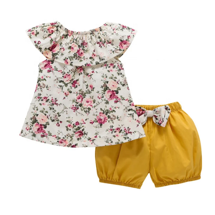 

1-3 Y 2021 Summer New Girls Suit 2Pcs Toddler Kids Baby Girl Clothing Wholesale Children Sleeveless Floral Blouse and Shorts Set, Pink,yellow,wine red,black,dark blue