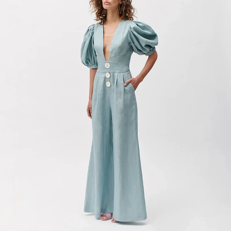 

A3822 Loose Linen Jumpsuit Blue V neck Romper