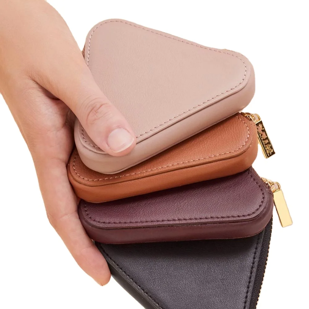 

OEM Custom Leather Women Coin Purses Wallet Kids Earphone Storage Purse Card Triangle Pouch, Burgundy,dark khaki,hot pink,apricot