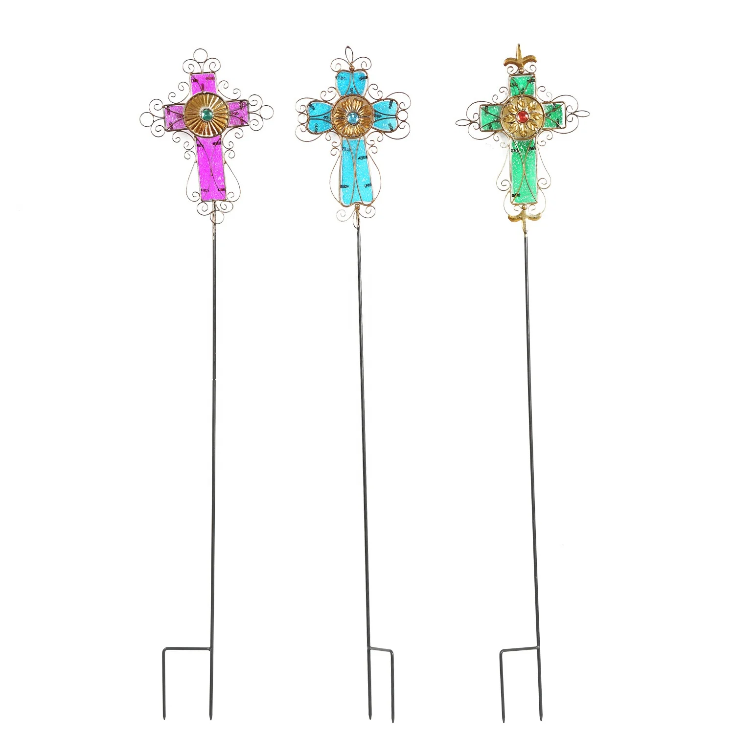 

Glow for Lawn Yard Patio Dark Plant Pick Water Proof Metal Cross Garden Stake Outdoor 3 asst