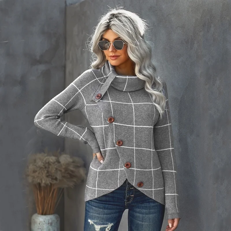 

Long-sleeved sweater women's autumn and winter new plaid stitching buttons decorated irregular hem knitwear