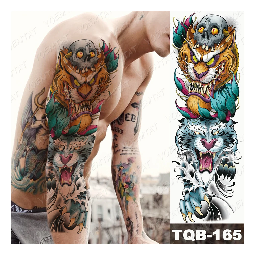 

Realistic Animal Tiger Lion Anime Full Arm Sleeve Tatto For Men Women Water Transfer Waterproof Temporary Tattoo Sticker, Black color