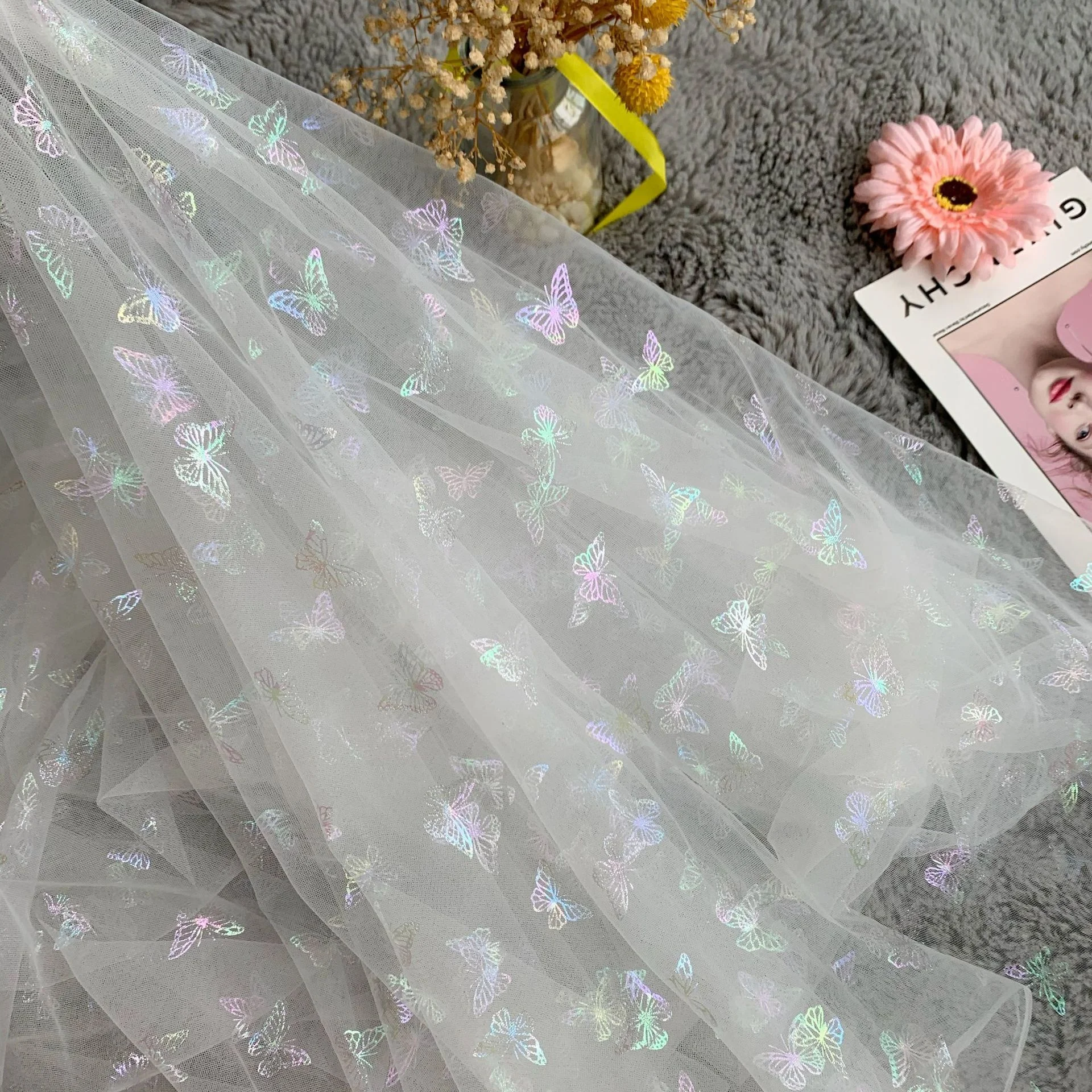 

Magic colorful butterfly glitter mesh tulle lace fabric for dresses, As pictured
