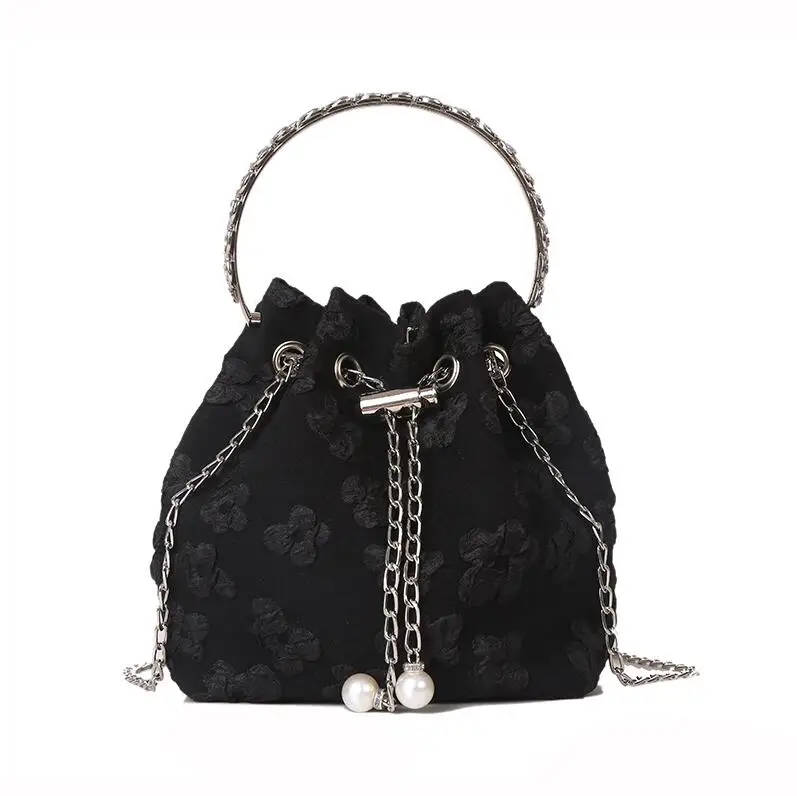 

2024 Summer New Lady-Style Small Bag with Bucket Pleated Flower Crossbody Ring Chain Bag Popular Fashion for Women