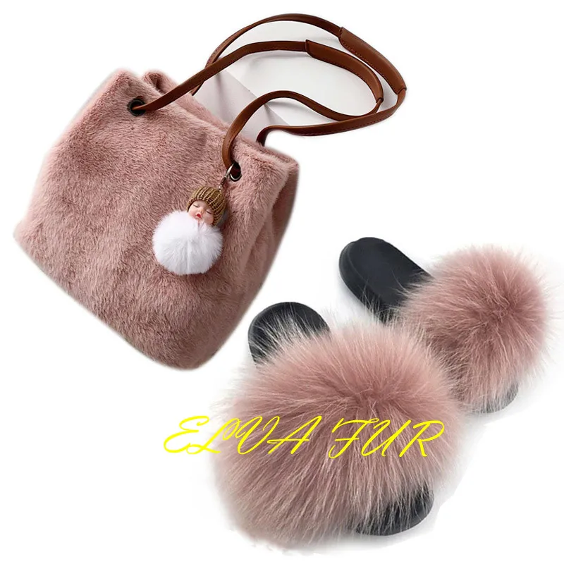 

2020 ELVA FUR Wholesale custom indoor slipper jelly bag flush real soft raccoon fur slipper outdoor slider sandals fox fur slide, Colours