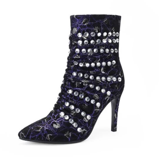 

Super Fancy Women Flower Print Ankle Boots Crystal Rhinestone Winter Stiletto Booties Lady Dress Zip up High Heel Short Boots, Black