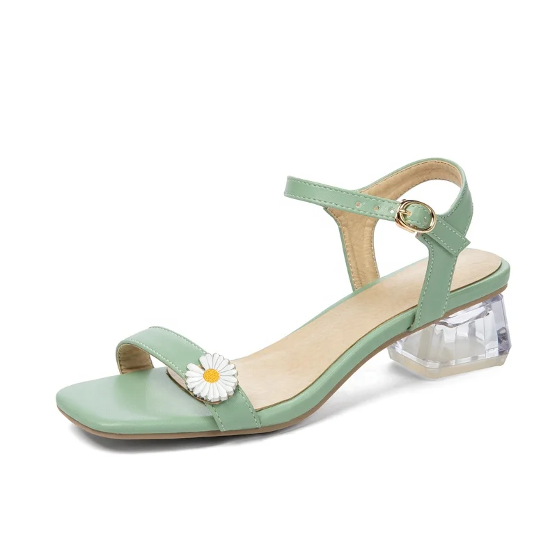 

Women Open Toe Sandals Summer Shoes Office Beach Crystal Heel Shoes, Ecru/green