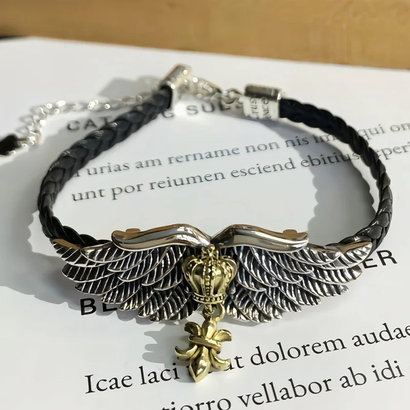 

Sterling Silver 925 Leather Cord Bracelet For Men And Women Angel Wings Crown Cross Bracelet Necklace Couple Jewelry