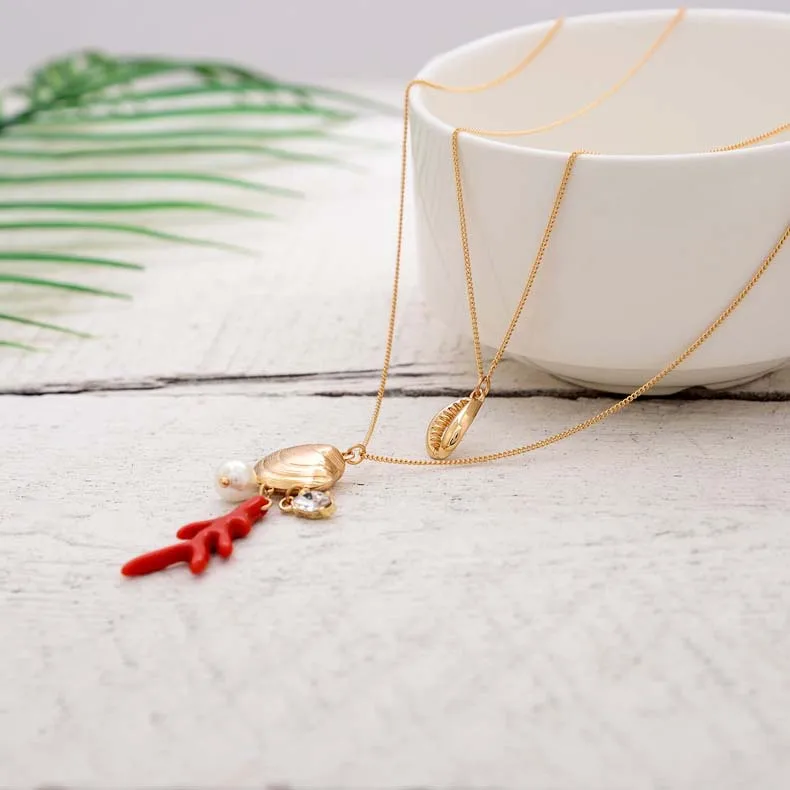 

Marine series multi-layer sweater chain lady red coral shell pearl crystal Christmas necklace, Gold