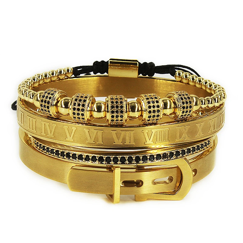 

2020 Fashion New design Jewelry 4pcs/set luxury CZ crown charm stainless steel roman bangle 18k gold bracelet