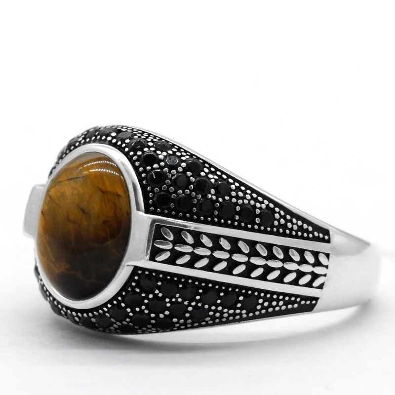 

S925 Sterling Silver Ring Set Tiger Eye/Black Zircon Men's Ring Fashion Jewelry Turkish Vintage Style