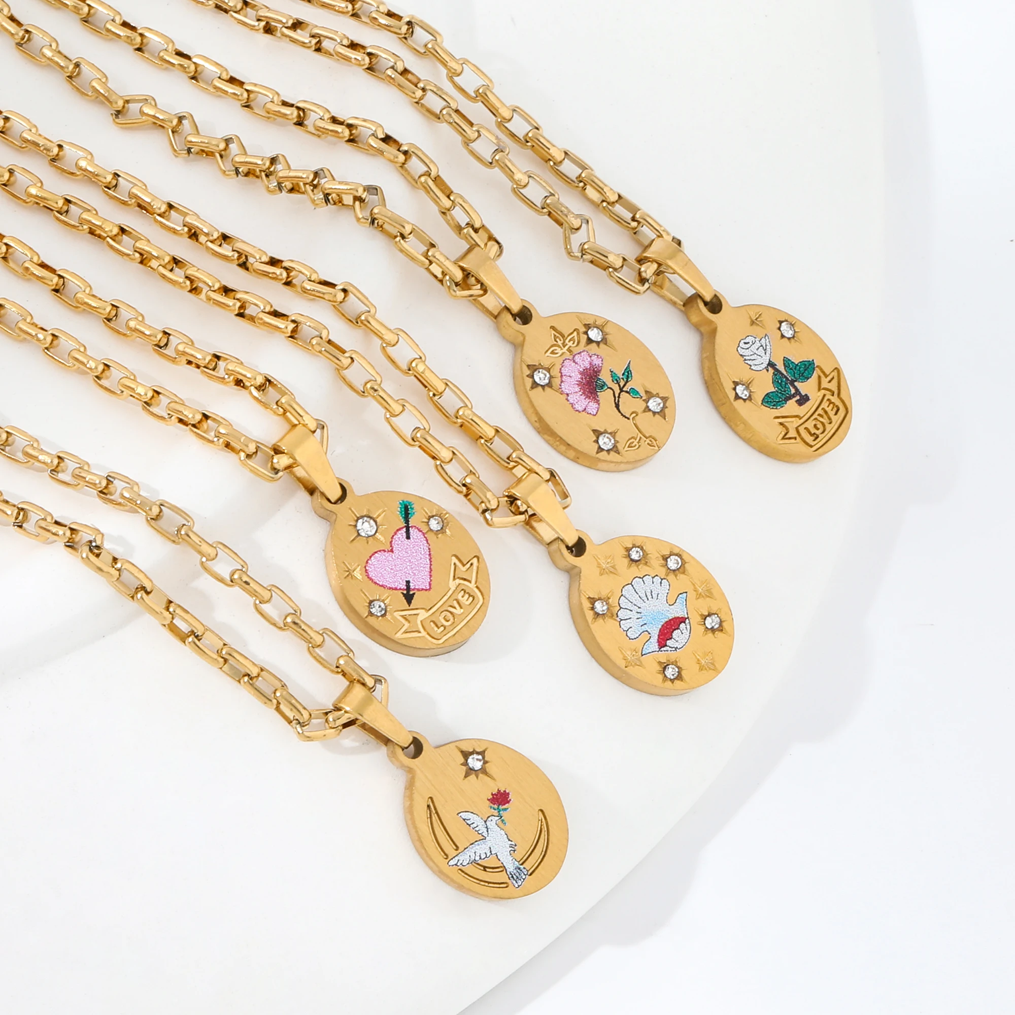 

JL0232 Jewelry Waterproof 18K Gold Plated Romanic Cute Spring Summer Colorful Flower Bird Stainless Steel Necklace