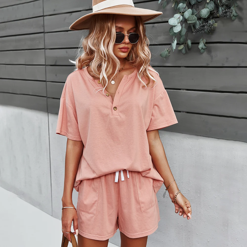 

2021 hot selling sleep wear pajama knitted cotton casual clothing women summer two piece printed short sets, Picture
