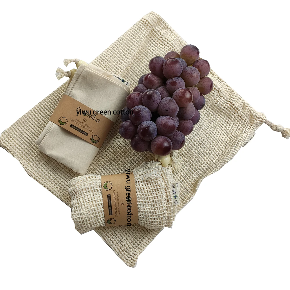 

Organic cotton reusable produce tote bag set mesh drawstring net fruit bag