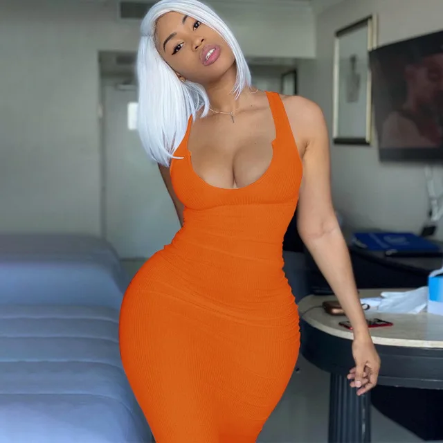 

Stock Long 100% Plyester Knittting Summer Bodycon Dress Women Casual Dresses