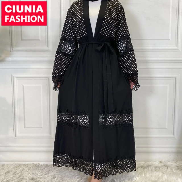 

1805# Dubai Islamic Abaya Black Lace Embroidery Matching Belt Robe Open Muslim Kimono Modest Women