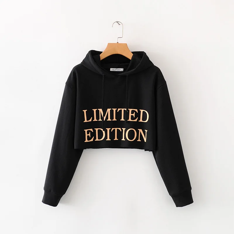 

wy203 new women black color letter print hoody sweatshirt girl short design sweatshirts jumper pullovers