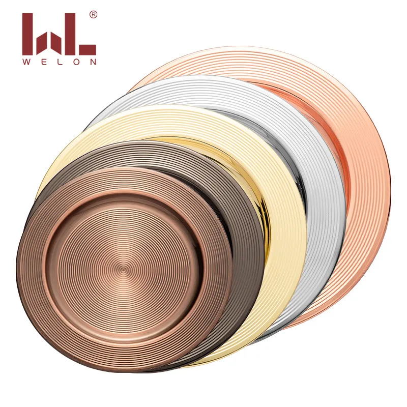 

Copper wedding decorative trays stainless steel  round dish charger plates with multi colors, Silver, gold, copper, rose gold, black