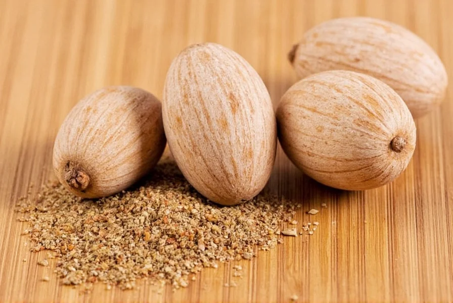 Hand measuring spices into a mixing bowl with nutmeg substitute ingredients visible