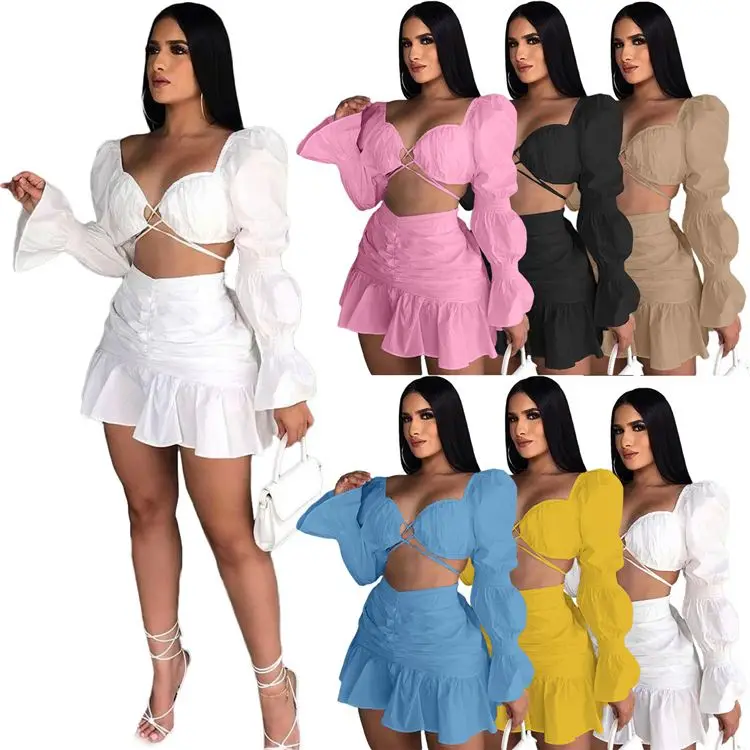 

Hot Selling Solid Color Long Puff Sleeve Sexy Bandage Crop Top Ruffles Mini Skirt Set Two Piece Set Women Clothing
