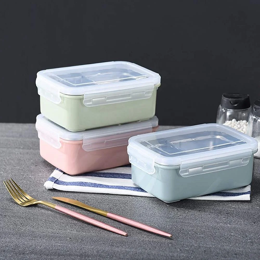 2 compartment stainless steel bento lunch box wheat straw with divided plastic food container