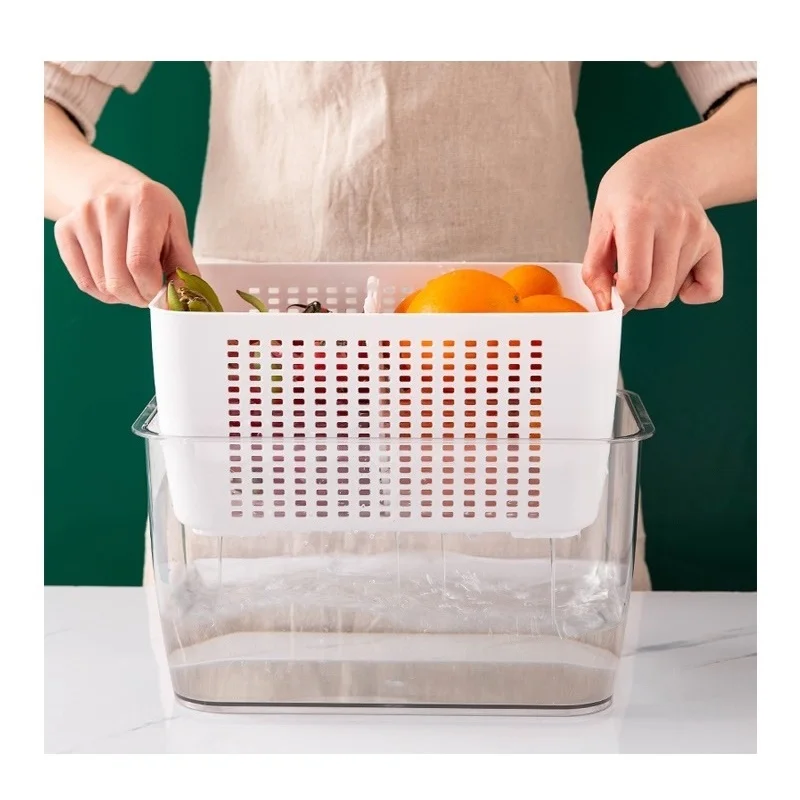 

kitchen multifunctional plastic double layer drain basket fresh-keeping storage box, White/ grey