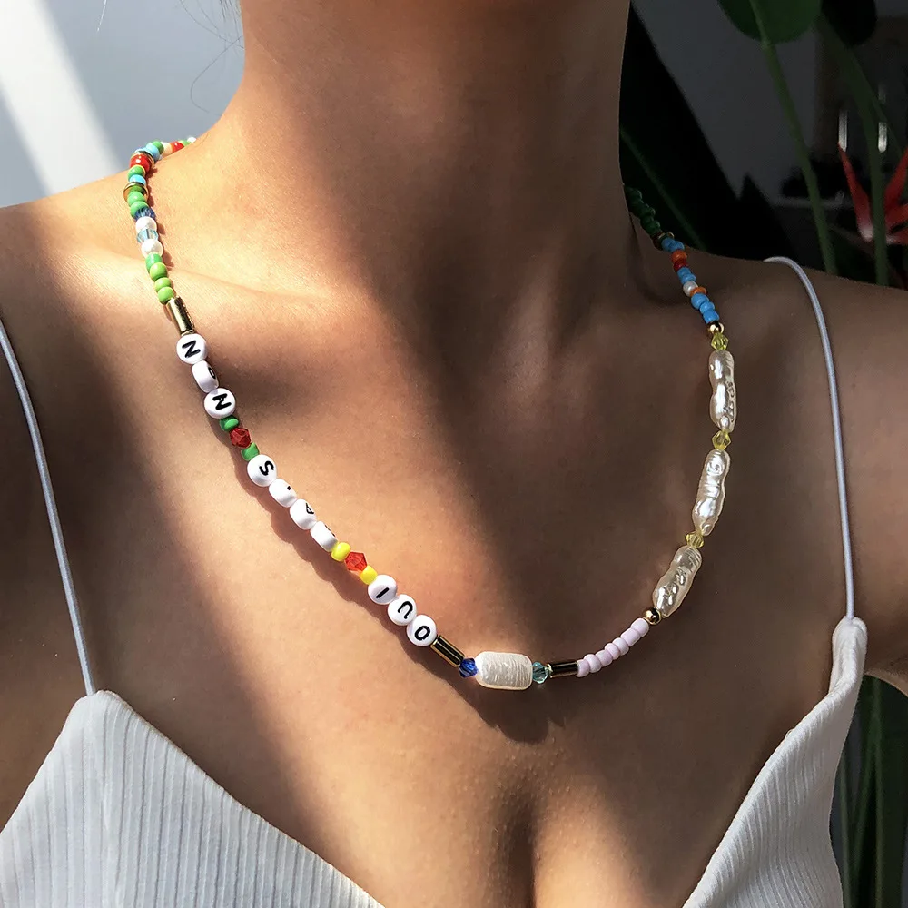 

2021 Summer Boho Enthic Seed Beads Choker Bohemian Rice Bead Initial Letter Necklace Imitation Pearl Alphabet Necklace For Women, Colorful
