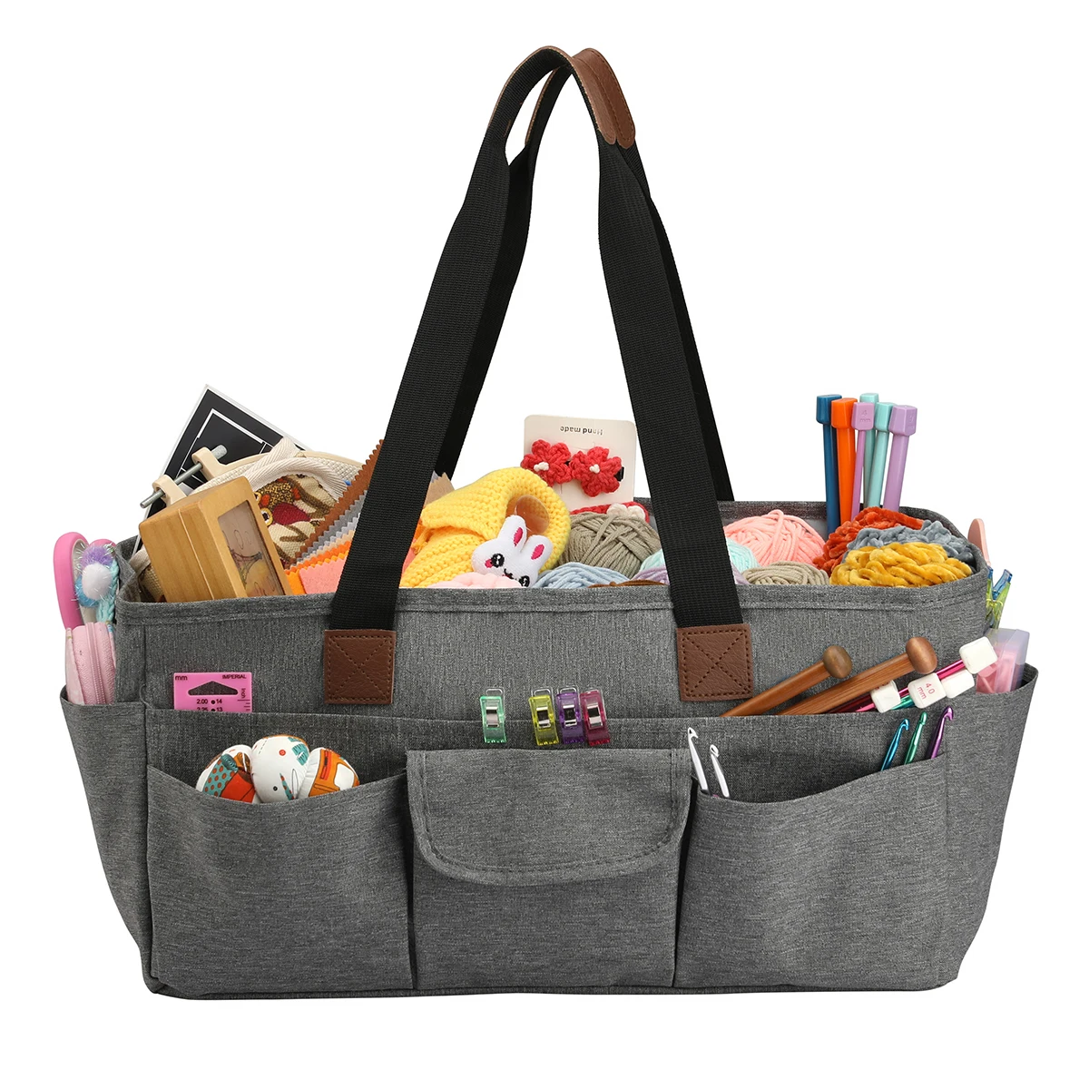 

Large Organizer Tote Bag with Multiple Pockets Sewing Knitting Storage Bag for Yarn Balls and Hand Craft Accessories, Grey