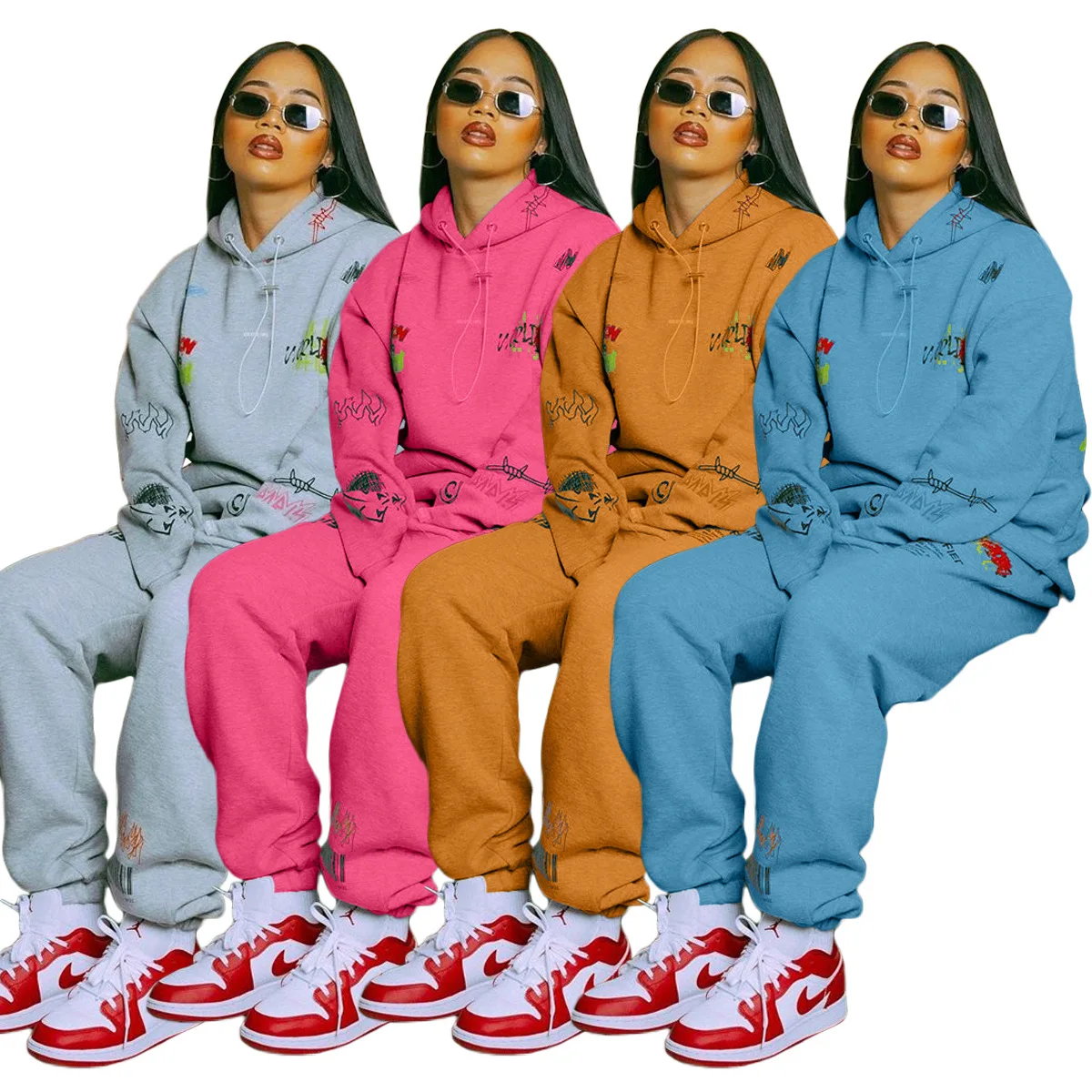 

2021 Plus Size Cargo Track Sweat Pants Hoodies 2 Piece Set Outfits Girls' Women Fall Fashion Fleece Joggers Clothing Two Piece