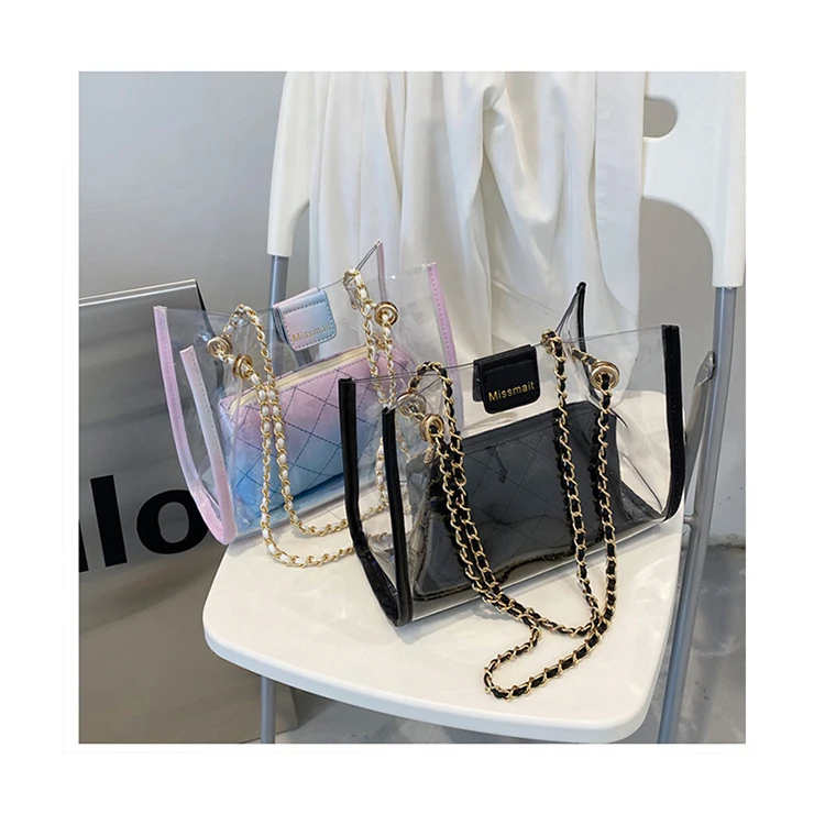 

Clear PVC Composite 2021 Summer Shoulder Purses Luxury Chains Jelly Handbags for Women High Quality Women Transparent Hand Bags