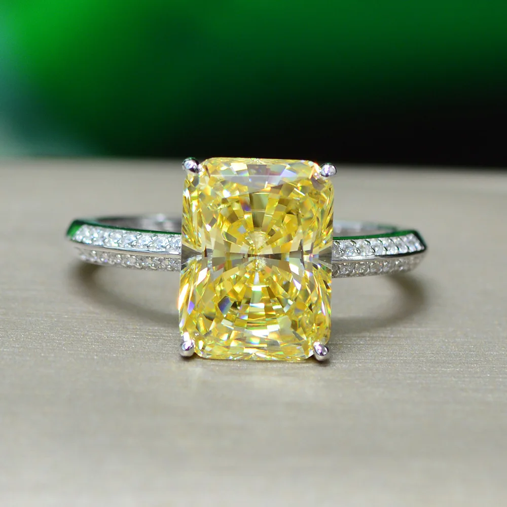 

S925 sterling silver imported high carbon yellow diamond rectangular 9*12mm diamond ring car flower round point bottom light yel