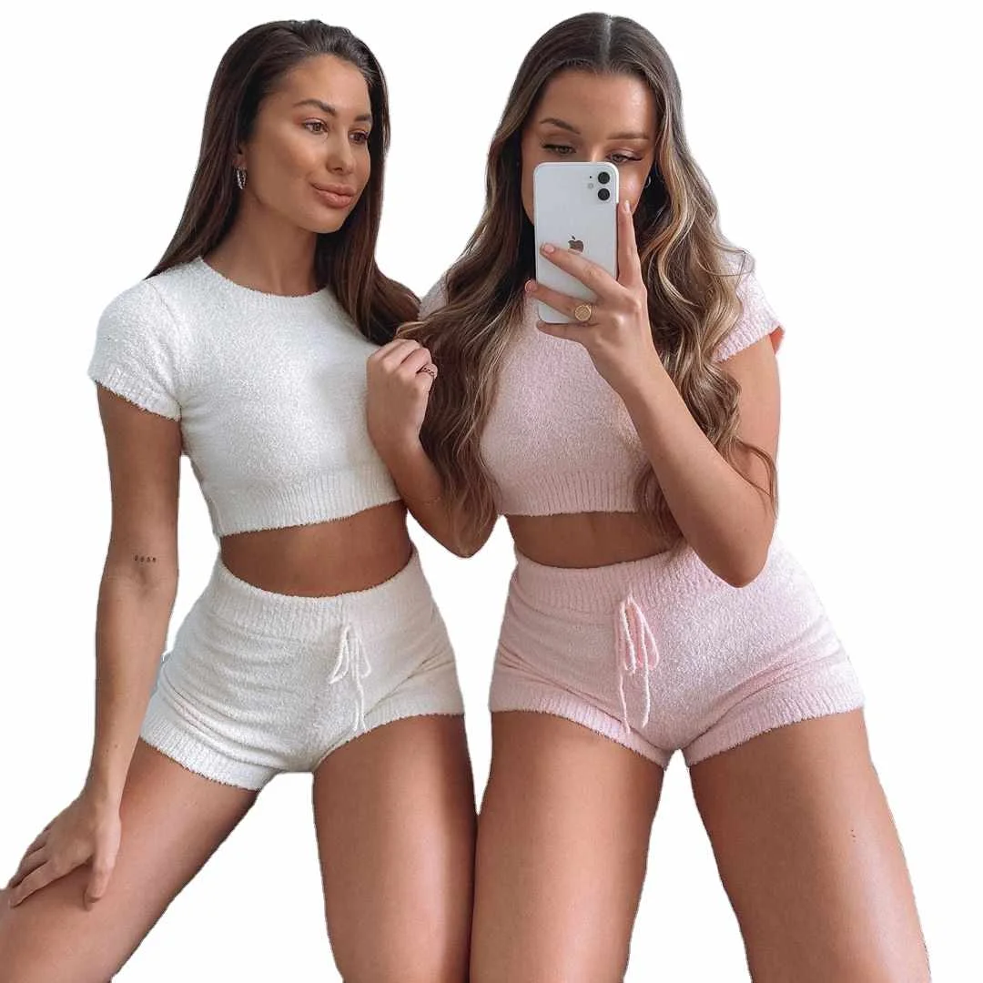 

top sale crop top fur two piece set outfits women two pieces short sets women two piece set women clothing, Solid