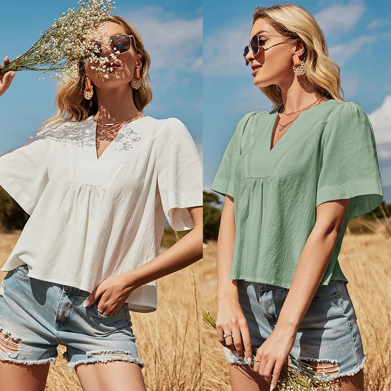 

High Quality Women Shirts V Neck Tops Casual Loose Short Sleeve Cotton Blouses Top