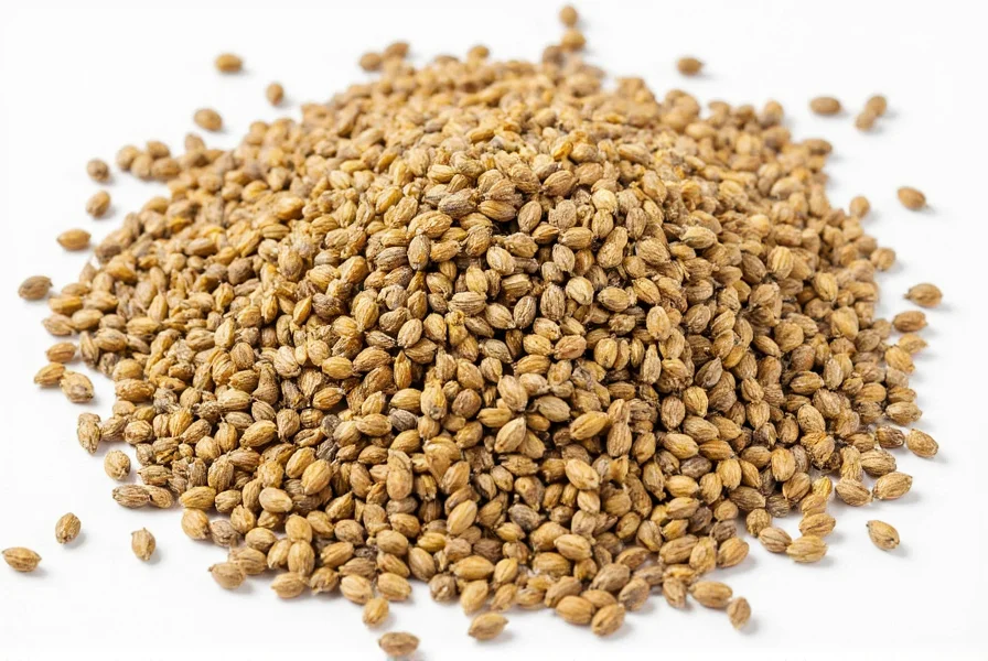 Various spice blends containing coriander seeds arranged on wooden table