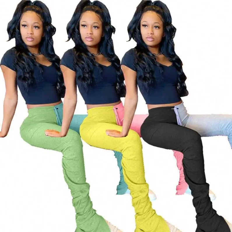 

2020 Wholesale Summer Stack Pants Women Plus Size High Waist Elastic Slim Candy Color Ruched Stacked Pants, Photo shows