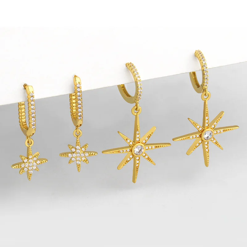 

Fashion Star Stud Earrings For Women 18K Gold Plated Brass Zircon Drop Earring Diamond Eight-Pointed Star Earrings, Gold color earring