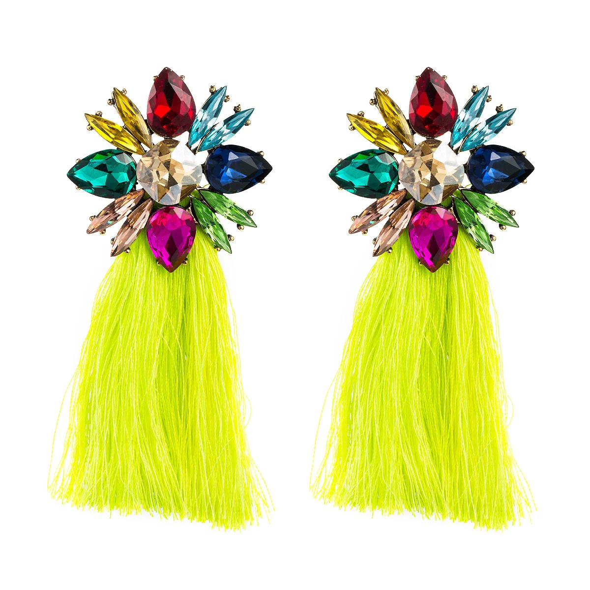 

Boho ethnic style exaggerated creative diamond-studded glass diamond flower long tassel earrings women, Gold