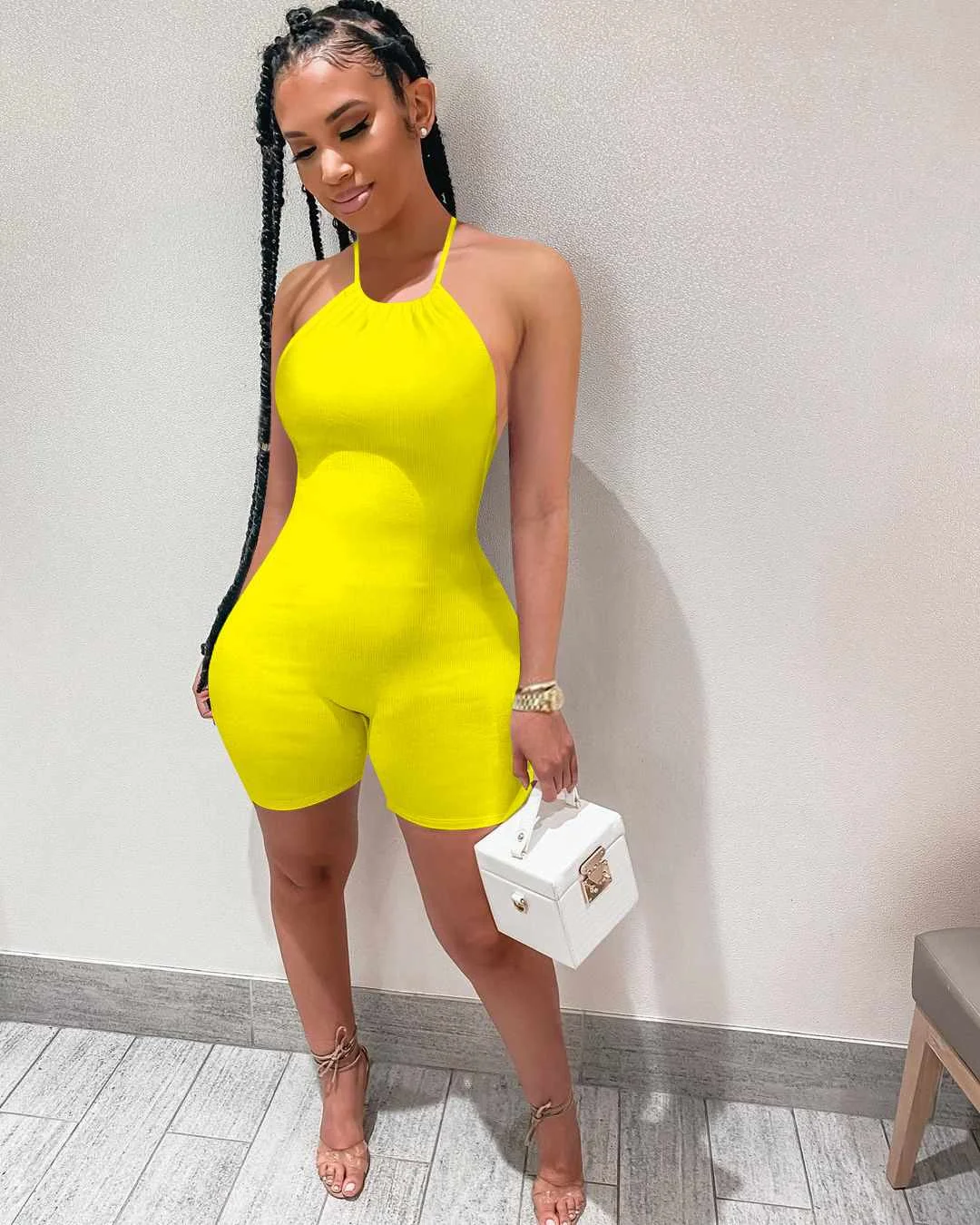

Nightclub style women's sexy halter neck strap jumpsuit women short bodysuit, Picture