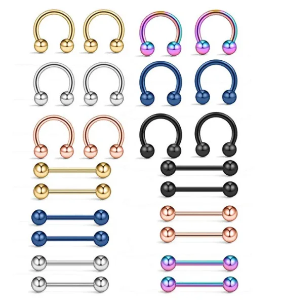 

24 PCs/pack mixed set stainless steel nipple tongue pin C Shape allergy stud nose ring piercing jewelry