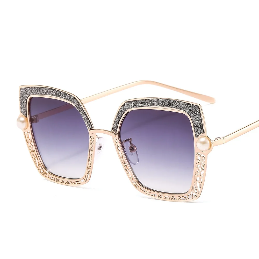 

Hot Selling Luxury Square Diamond Blingbling Gradient Lens Sun Glasses Pearl Hollow Sunglasses for Women