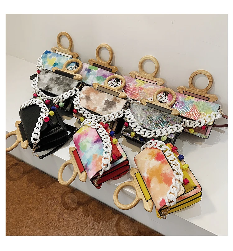 

New Wooden Single Shoulder Bag Ladies Pearl Chain Handbag and Purse Women Fashionable Hand Bag 1pc/opp Bag Pu Casual Tote 2 Pcs