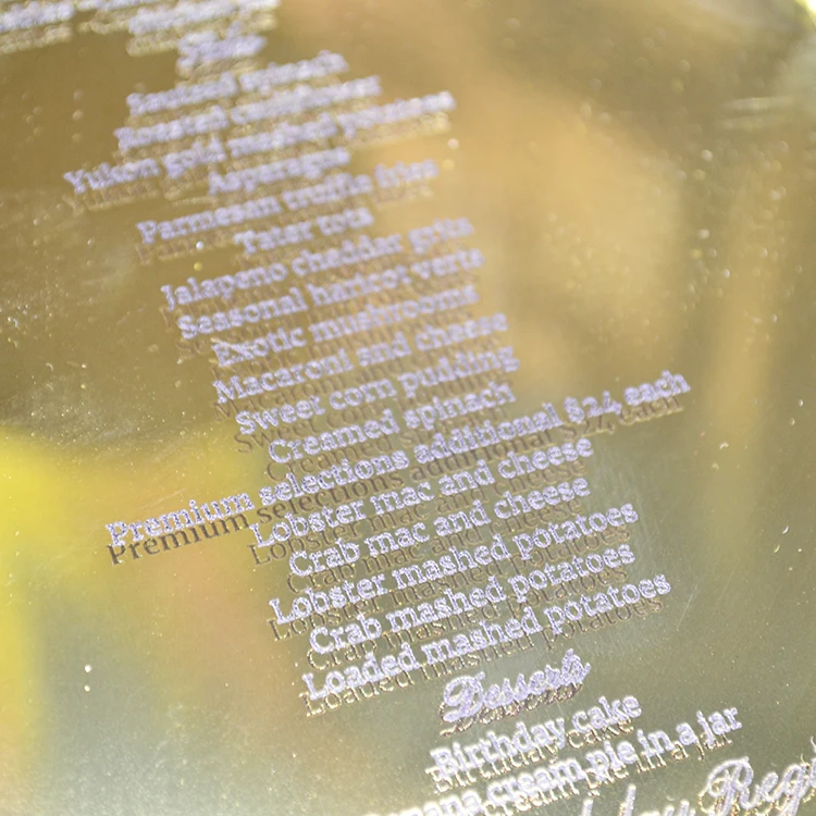 Gold mirror acrylic printed wedding invitation menu card