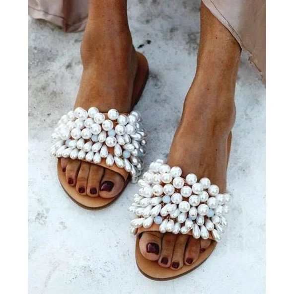 

In Stock 2021 Summer Hot Sale Models Flat Bottom 35-43 Pearl Outerwear Slippers Fashion Luxury Fancy Women Sandals