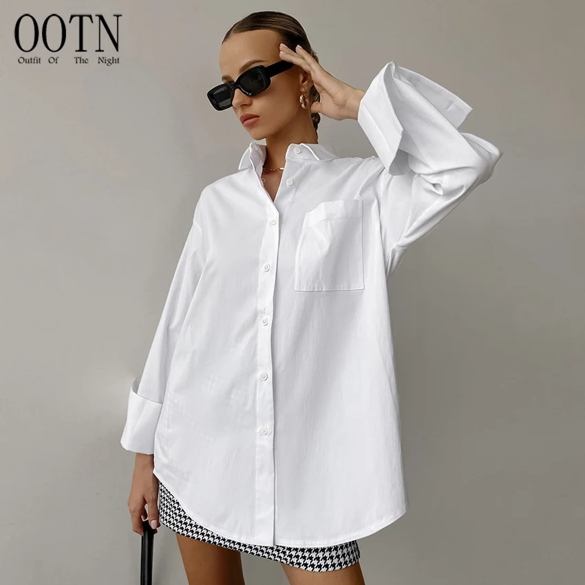 

OOTN Female 2023 Loose Long Sleeve Woman Blouses Cotton Office White Button Up Tops Women Casual Turn Down Collar Long Shirt
