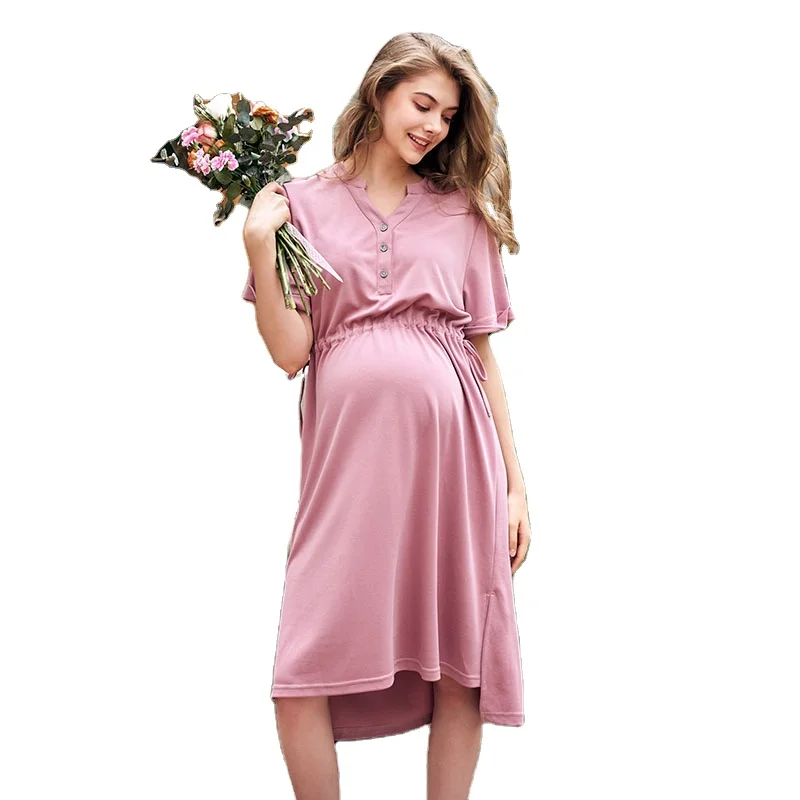 

Oem Design Solid Drawstring Pink Maternity Dress Stretchy Mammy Dress Pregnancy Clothes, Picture